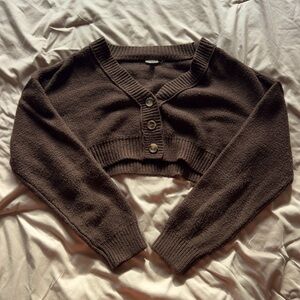 Garage cropped chocolate brown cardigan with button-up front.